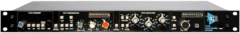 Front panel of an API Channel Strip unit with preamp, compressor, and equalizer controls.