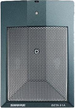 Close-up of a black and gray microphone with a metal grille and SHURE BETA 91A labeling.