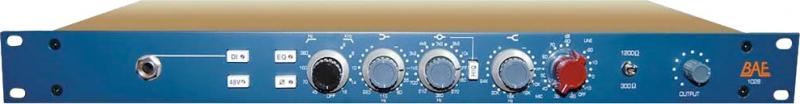 Blue 19-inch rackmount audio device with rotary knobs, a 1/4 inch jack input, toggle switch, and output control.