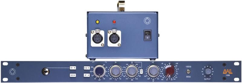 Blue 19-inch rackmount audio unit with controls, two XLR connectors, and PSU box with indicator lights and switch.