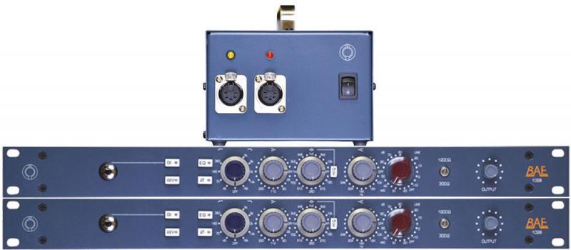 Two rackmount audio units with control knobs and XLR inputs, accompanied by a blue power supply unit with connectors and switch.