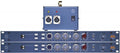 Two rackmount audio units with control knobs and XLR inputs, accompanied by a blue power supply unit with connectors and switch.