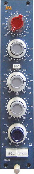 Front panel of a BAE 1028 audio module with multiple rotary knobs and a toggle switch on a blue faceplate.