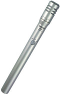 Silver cylindrical microphone with grille head and rotary control labeled with directional settings.
