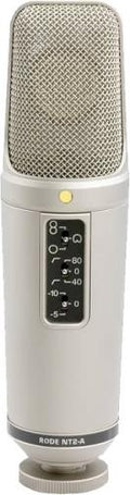Silver and black Rode NT2-A microphone with visible control switch and yellow indicator light.