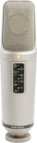 Silver and black Rode NT2-A microphone with visible control switch and yellow indicator light.