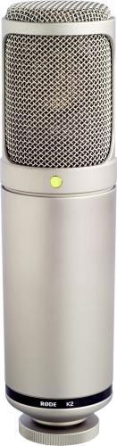 Silver cylindrical microphone with mesh grille and black base labeled RODE K2