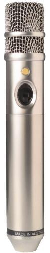 Silver cylindrical microphone with a metal mesh grille and a button on the body, labeled Made in Austria.