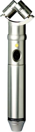 Silver stereo microphone with dual capsules and a central switch on the body.