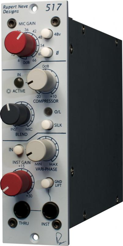 Close-up of an audio preamp/DI module with control knobs, buttons, and 1/4 inch input/output jacks.
