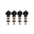 Set of four metal and black plastic tuning pegs for stringed instruments arranged in a row on a white background.