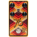 Orange guitar effects pedal with four knobs, toggle switch, footswitch, and vintage geometric design.