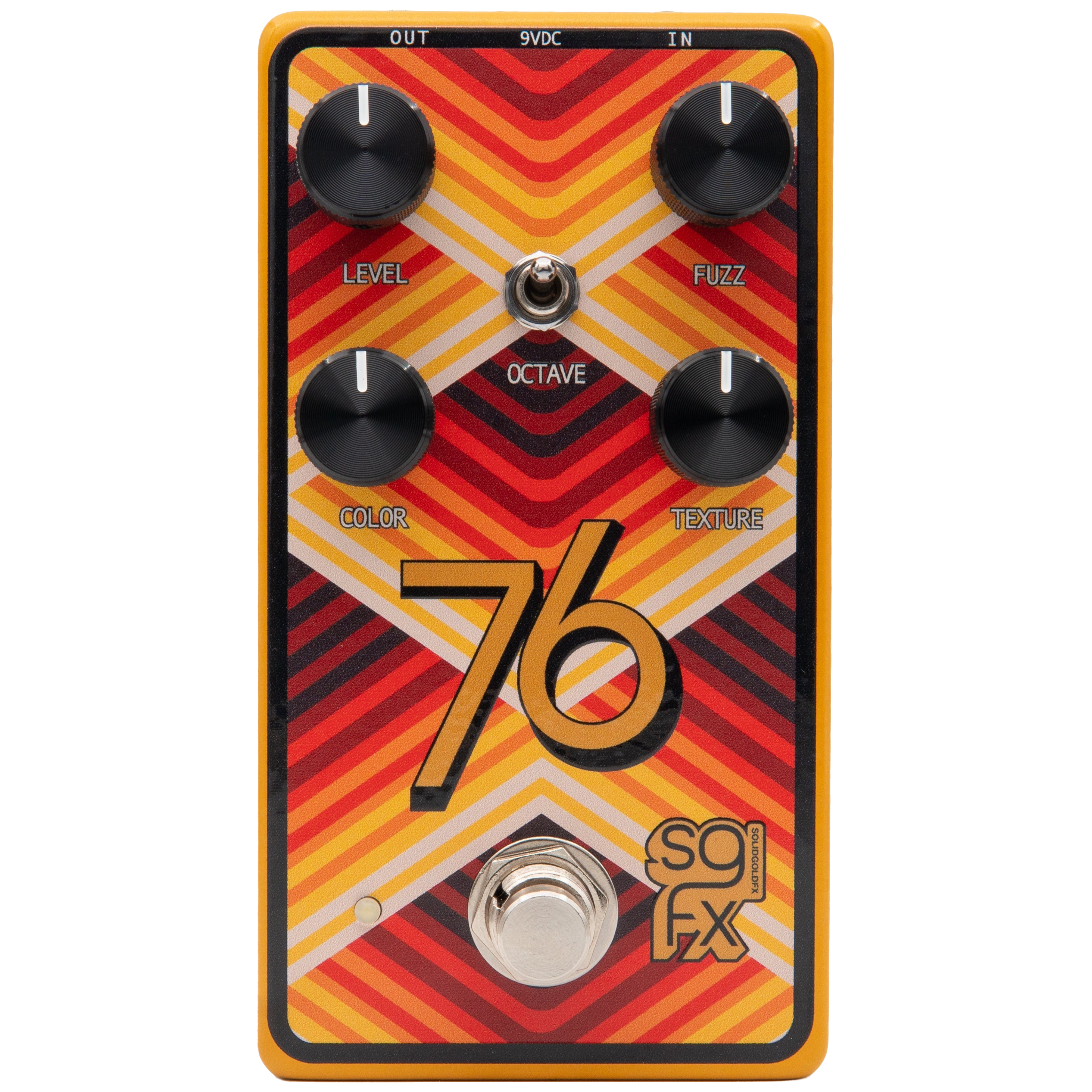 Orange guitar effects pedal with four knobs, toggle switch, footswitch, and vintage geometric design.