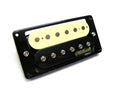 Black and cream zebra humbucker guitar pickup with six pole pieces per coil and Wilkinson logo on black coil.