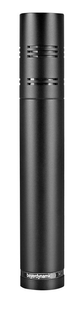 Black cylindrical microphone with vent slits near top and brand name at bottom.