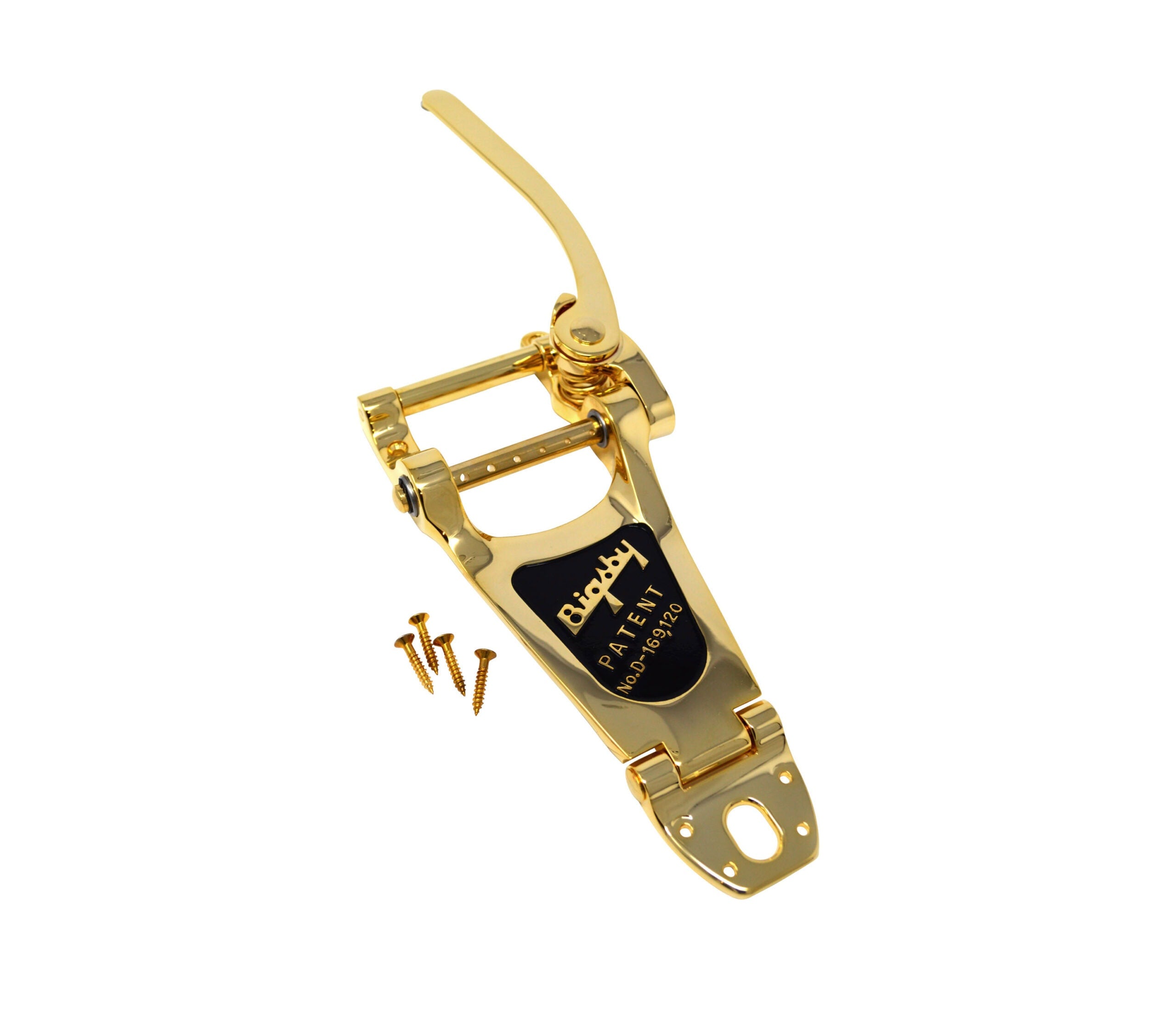 Gold-colored Bigsby vibrato tailpiece with lever and four screws on a white background.