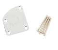 Chrome metal neck plate with embossed Fender logo and four screws on a white background.