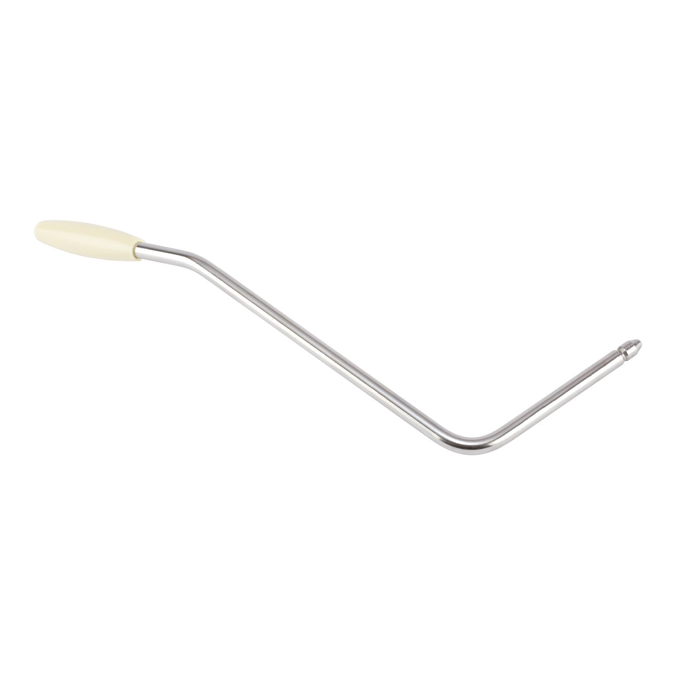 Silver angled guitar tremolo arm with an off-white tip isolated on white background.