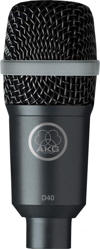 Black and gray AKG microphone with a metallic grille and logo visible on the body.