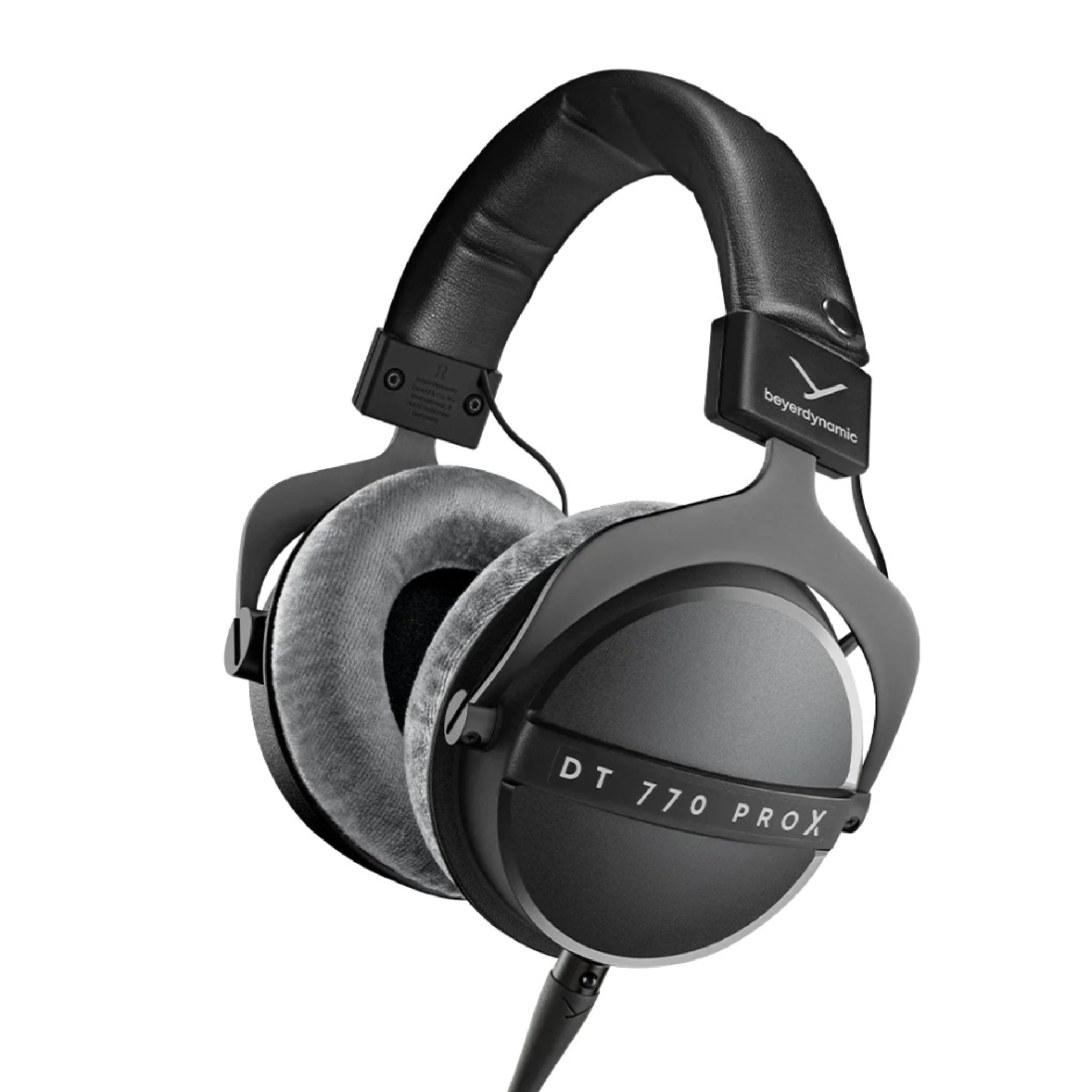 Black and gray over-ear headphones with cushioned ear pads and a wired cable connected at one ear cup.