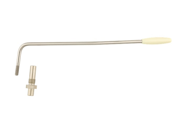 Metal tremolo arm with off-white plastic tip and separate threaded metal adapter on white background.