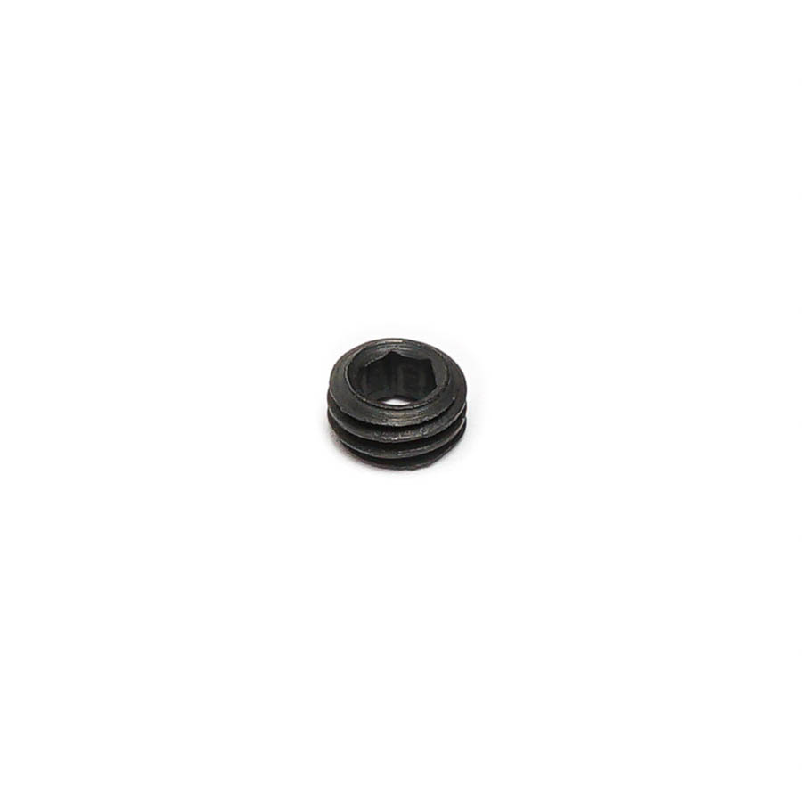 Small black metal set screw with internal hex drive, shown on white background.