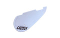 White plastic guitar pickguard with black Gretsch logo and two screw holes