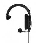 Black single-sided headset with padded ear cushion and attached microphone on a flexible arm