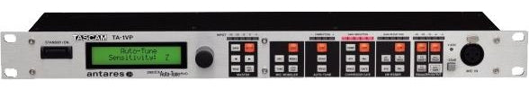 Rack-mountable black and gray audio device with buttons, a knob, display screen, and XLR input.