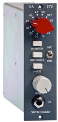Black audio preamp panel with red and white knobs, toggle switches, and a 1/4 inch output jack.