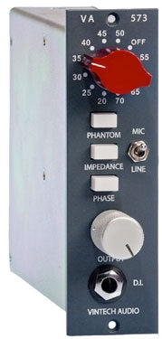 Black audio preamp panel with red and white knobs, toggle switches, and a 1/4 inch output jack.