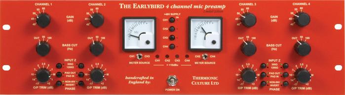 Red audio preamplifier panel with controls, meters, and power switch for four microphone channels.