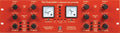 Red audio preamplifier panel with controls, meters, and power switch for four microphone channels.