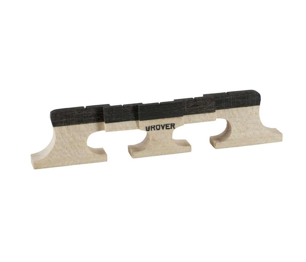 Wooden banjo bridge with black top edge and Grover branding on the side.