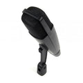 Black microphone with a grille and attached swivel mount against white background.