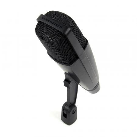 Black microphone with a grille and attached swivel mount against white background.
