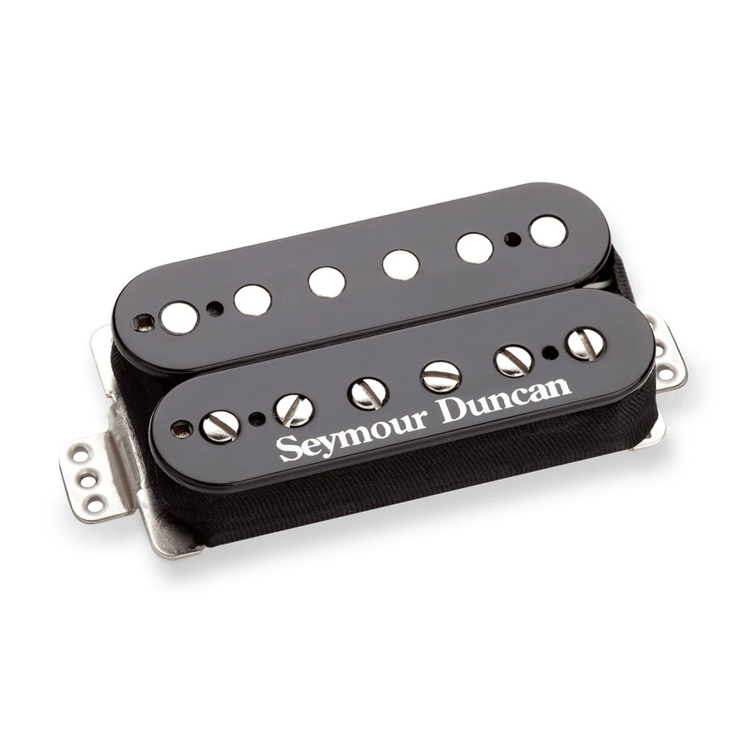Black humbucker guitar pickup with metal frame and adjustable pole pieces labeled Seymour Duncan.