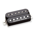 Black double-coil guitar pickup with Seymour Duncan logo and adjustable pole piece screws.