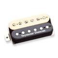 Black and cream dual-coil electric guitar pickup with Seymour Duncan logo on black coil cover.