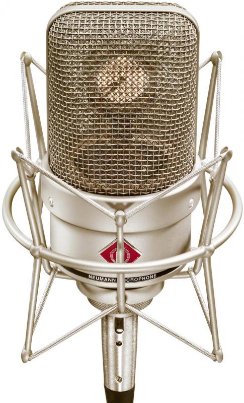 Silver large-diaphragm condenser microphone in a shock mount viewed from front