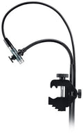 Black microphone with flexible gooseneck and desk clamp mount with XLR-style connector.