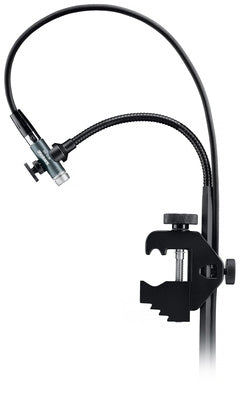 Black microphone with flexible gooseneck and desk clamp mount with XLR-style connector.