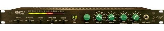 Front panel of a Dave Hill Designs Europa 1 preamplifier with various control knobs and a 1/4 inch input jack.