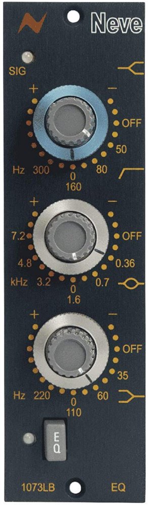 Front panel of a Neve 1073LB EQ module with three rotary knobs and one toggle switch.
