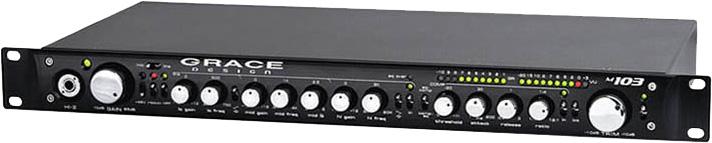 Black Grace Design m103 audio device with various knobs and LED level meters on front panel.