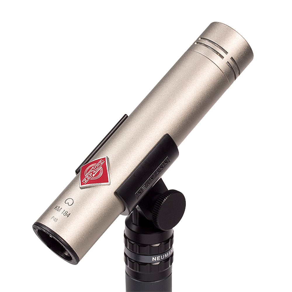 Silver cylindrical microphone with black mount and a red logo, shown at an angled view.
