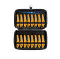 Case with multiple yellow-handled files and one small blue brush inside elastic bands.