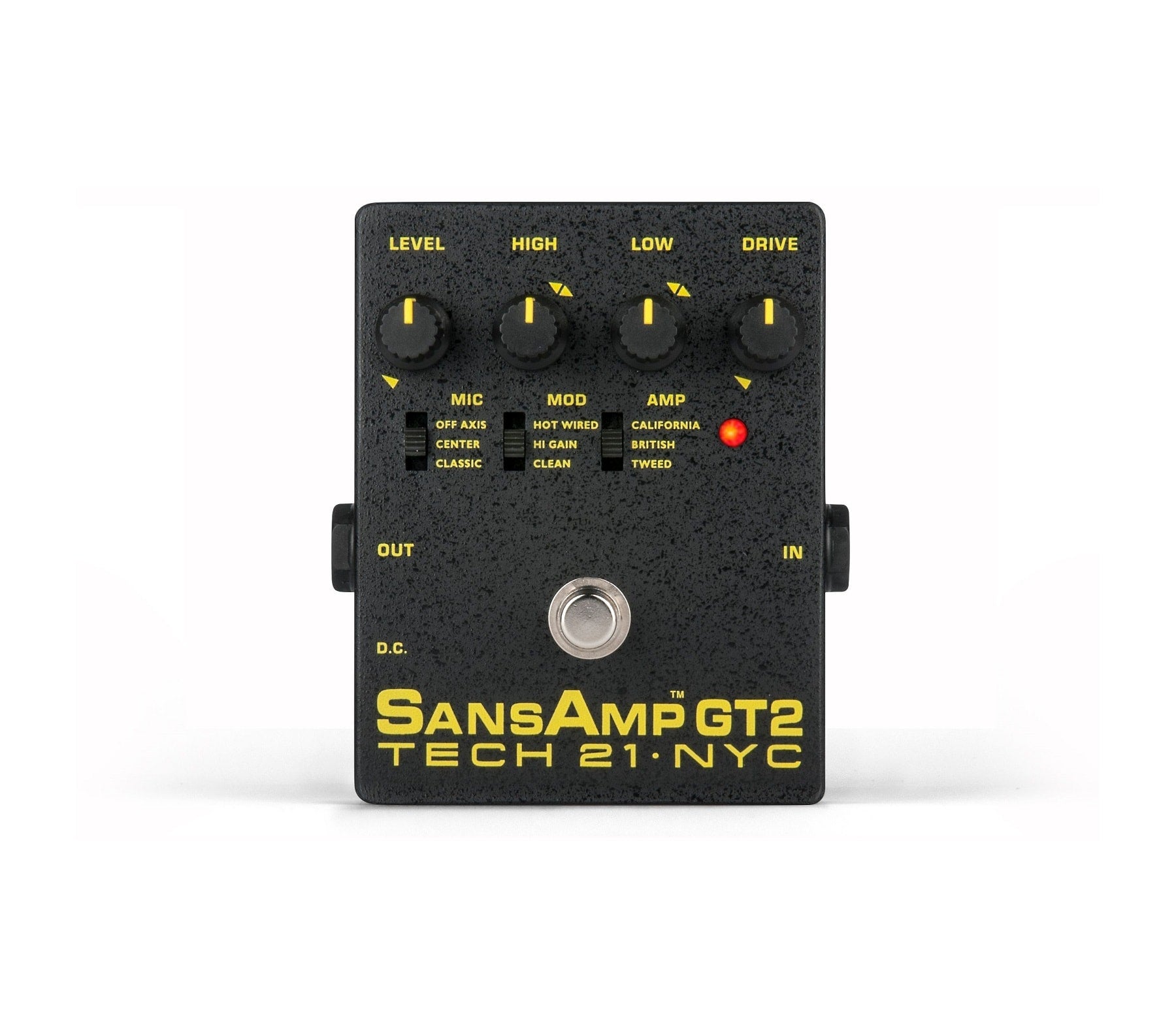 Black SansAmp GT2 guitar pedal with yellow text, four knobs, three toggle switches, and a footswitch.