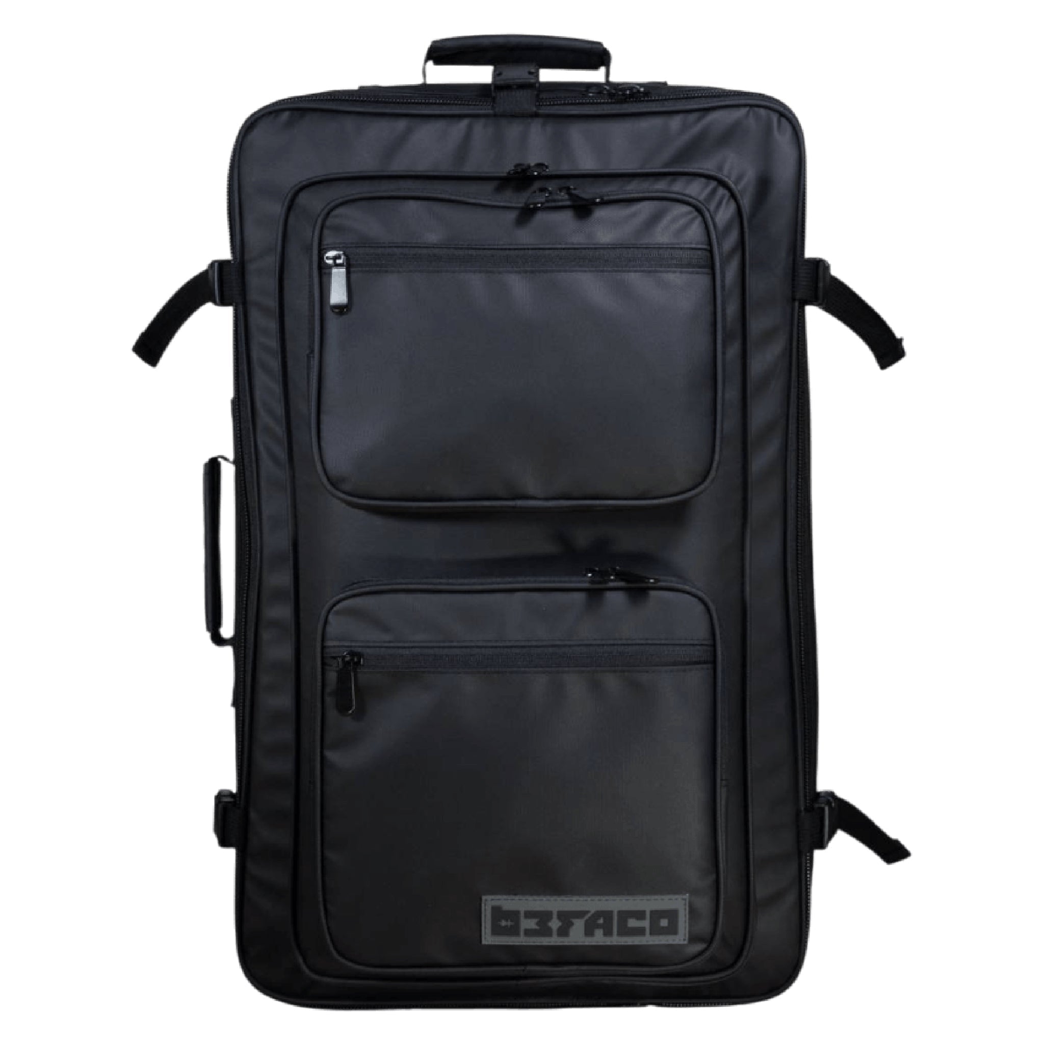 Black fabric carrying case with multiple zippered compartments and Befaco logo patch.