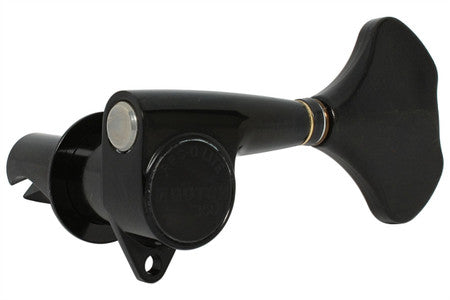 Black individual bass tuner for stringed instrument with mounting hole and shaft.